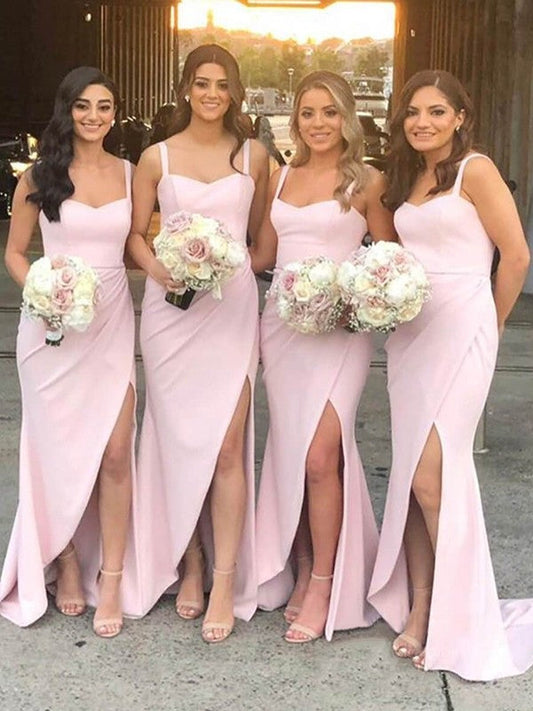 Sheath/Column Stretch Crepe Ruched Straps Sleeveless Sweep/Brush Train Bridesmaid Dresses