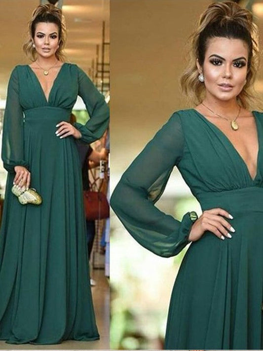 A-Line/Princess Chiffon Ruffles V-neck Long Sleeves Sweep/Brush Train Bridesmaid Dresses