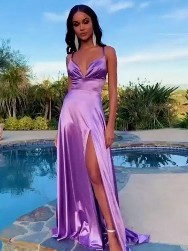 Dancing Queen A-Line Silk like Satin Ruched V-neck Sleeveless Sweep/Brush Train Prom Dress