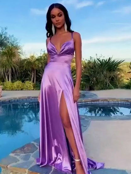 Dancing Queen A-Line Silk like Satin Ruched V-neck Sleeveless Sweep/Brush Train Prom Dress