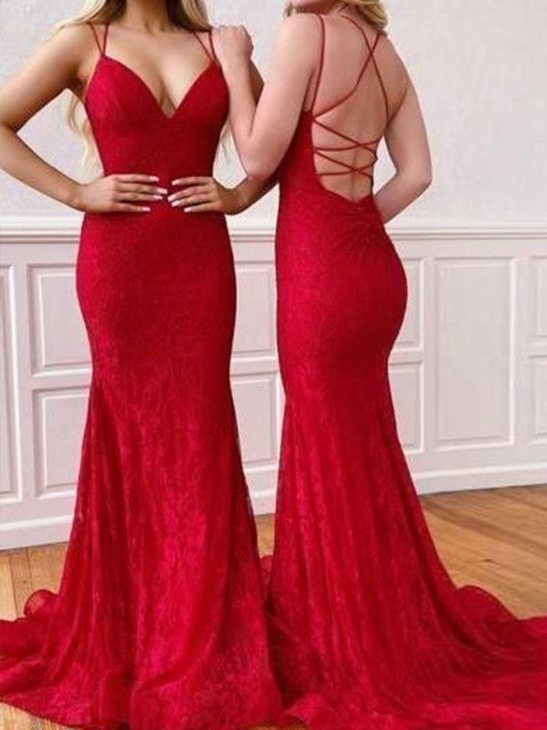Confident Option Sheath Lace Ruffles V-neck Sleeveless Sweep/Brush Train Prom Dress