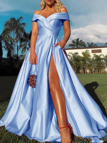 Romantic Vibes Princess Style Satin Ruffles Off-the-Shoulder Sleeveless Sweep/Brush Train Prom Dress