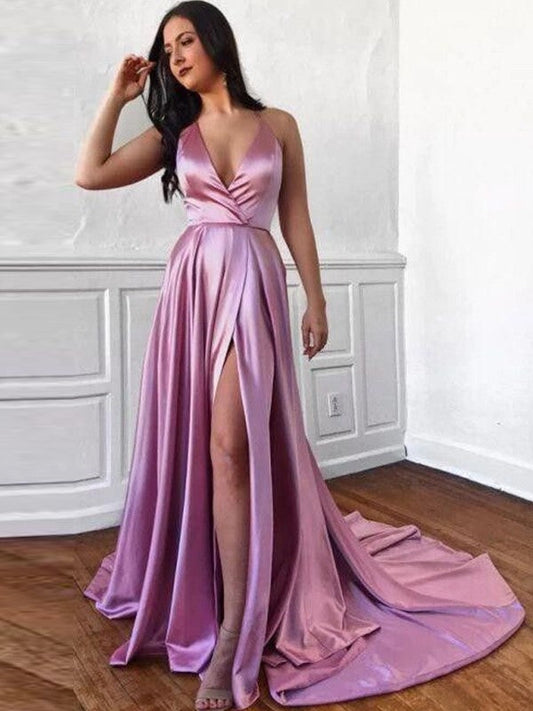 Savor the Occasion Princess Style Silk like Satin Ruffles V-neck Sleeveless Sweep/Brush Train Prom Dress