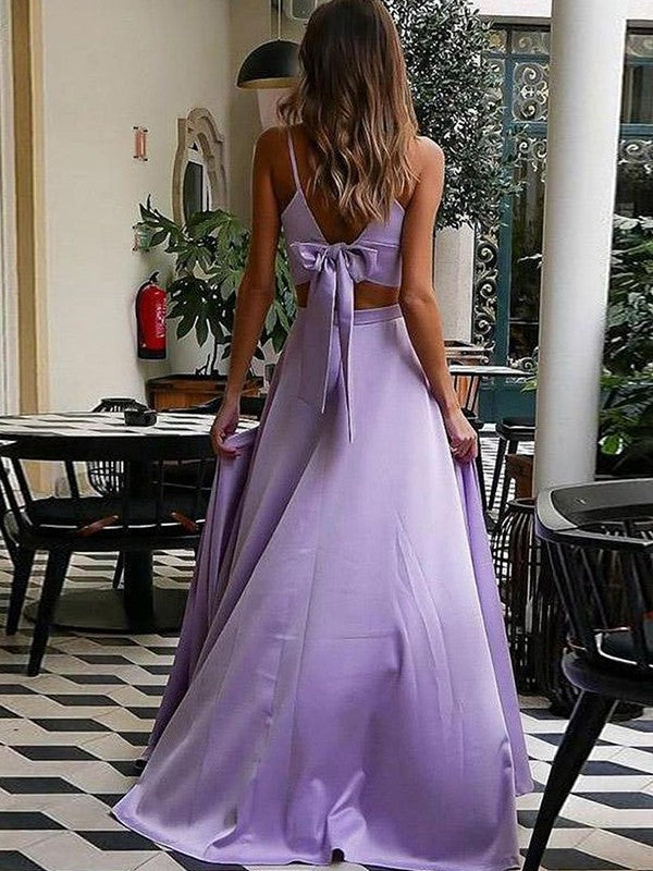 Intuitive Impact Princess Style Satin Ruffles V-neck Sleeveless Sweep/Brush Train Two Piece Prom Dress