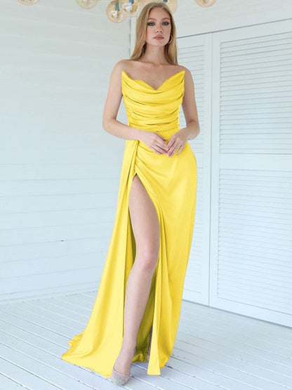 Aesthetic Honesty Sheath Silk like Satin Ruched Sweetheart Sleeveless Sweep/Brush Train Prom Dress