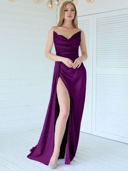 Aesthetic Honesty Sheath Silk like Satin Ruched Sweetheart Sleeveless Sweep/Brush Train Prom Dress