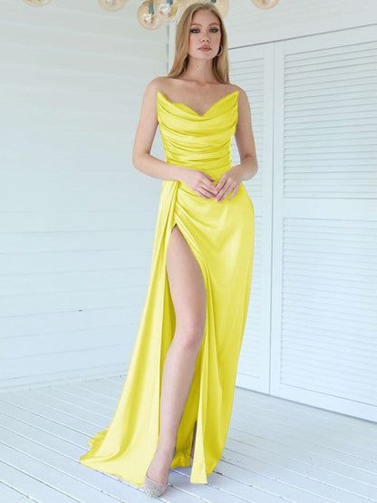 Aesthetic Honesty Sheath Silk like Satin Ruched Sweetheart Sleeveless Sweep/Brush Train Prom Dress