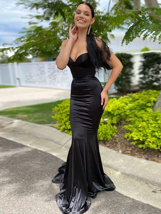 Modern Mood Style Sheath Elastic Woven Satin Ruched Sweetheart Sleeveless Sweep/Brush Train Prom Dress