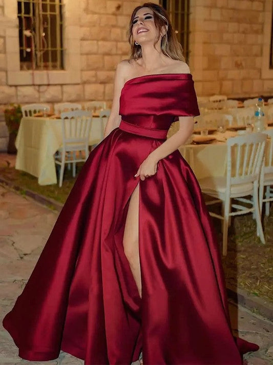 Savor the Occasion Princess Style Satin Ruffles One-Shoulder Sleeveless Sweep/Brush Train Prom Dress