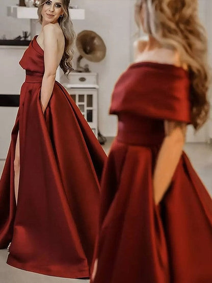 Savor the Occasion Princess Style Satin Ruffles One-Shoulder Sleeveless Sweep/Brush Train Prom Dress