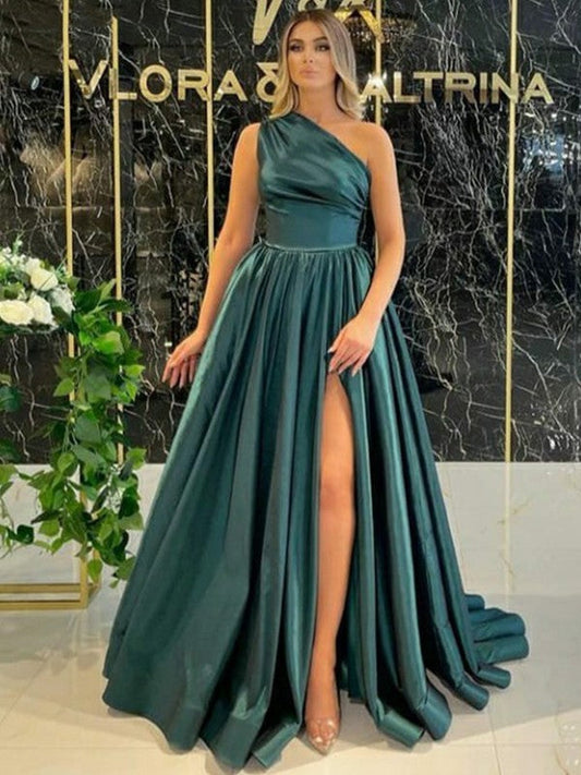 Romantic Vibes Princess Style Satin Ruffles One-Shoulder Sleeveless Sweep/Brush Train Prom Dress