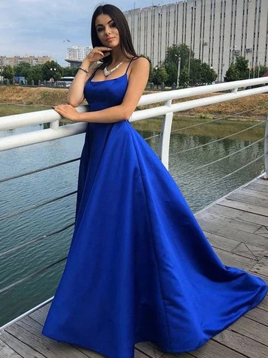 Open to Adoration Princess Style Satin Ruffles Spaghetti Straps Sleeveless Sweep/Brush Train Prom Dress