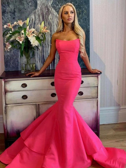 Defined Shine Mermaid Satin Ruffles Strapless Sleeveless Sweep/Brush Train Prom Dress