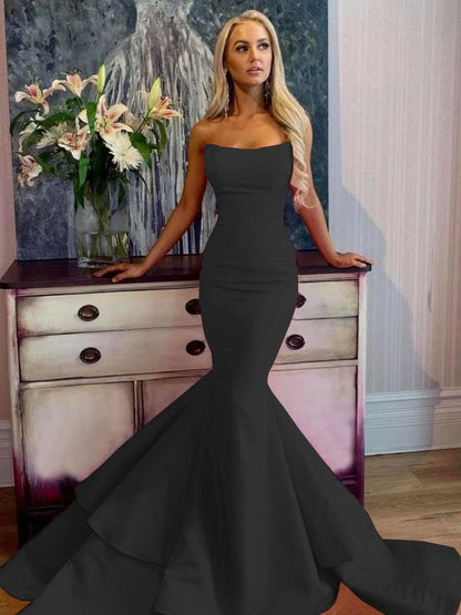 Defined Shine Mermaid Satin Ruffles Strapless Sleeveless Sweep/Brush Train Prom Dress