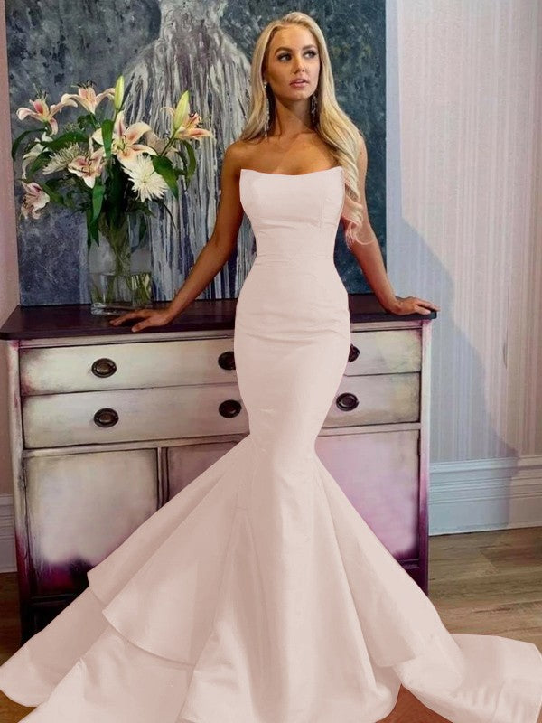 Defined Shine Mermaid Satin Ruffles Strapless Sleeveless Sweep/Brush Train Prom Dress