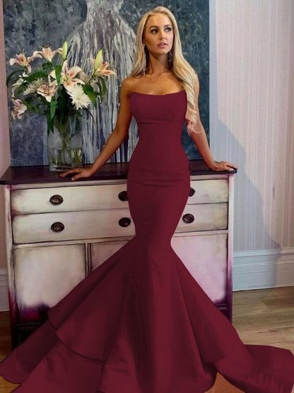 Defined Shine Mermaid Satin Ruffles Strapless Sleeveless Sweep/Brush Train Prom Dress