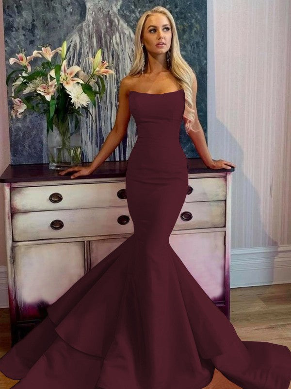 Defined Shine Mermaid Satin Ruffles Strapless Sleeveless Sweep/Brush Train Prom Dress