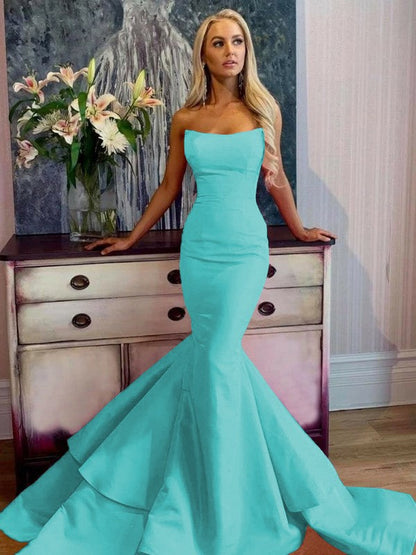 Defined Shine Mermaid Satin Ruffles Strapless Sleeveless Sweep/Brush Train Prom Dress