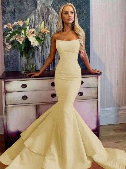 Defined Shine Mermaid Satin Ruffles Strapless Sleeveless Sweep/Brush Train Prom Dress