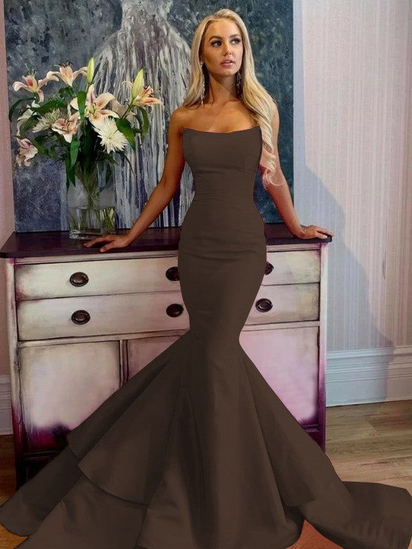 Defined Shine Mermaid Satin Ruffles Strapless Sleeveless Sweep/Brush Train Prom Dress