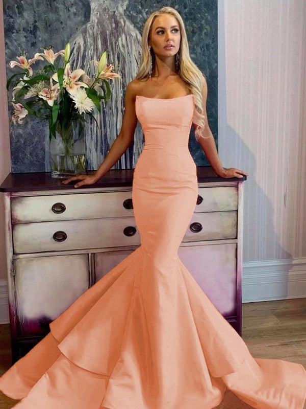 Defined Shine Mermaid Satin Ruffles Strapless Sleeveless Sweep/Brush Train Prom Dress