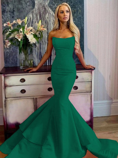Defined Shine Mermaid Satin Ruffles Strapless Sleeveless Sweep/Brush Train Prom Dress
