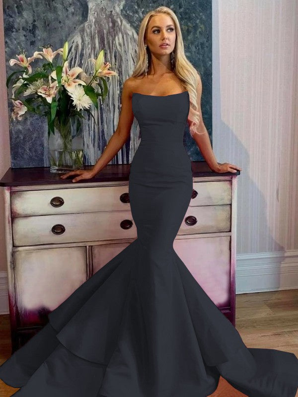 Defined Shine Mermaid Satin Ruffles Strapless Sleeveless Sweep/Brush Train Prom Dress