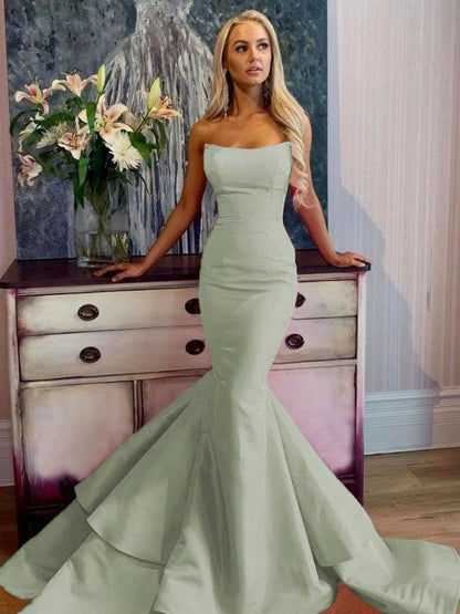 Defined Shine Mermaid Satin Ruffles Strapless Sleeveless Sweep/Brush Train Prom Dress