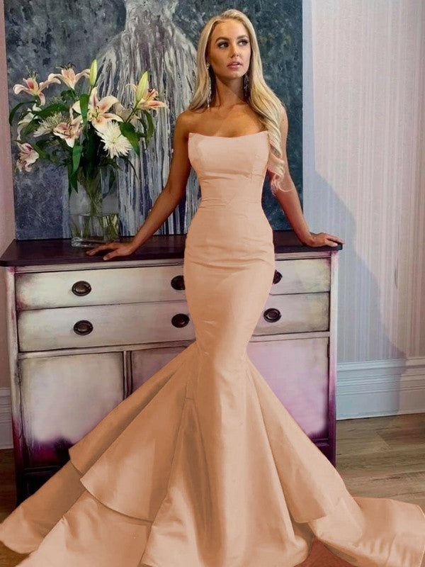 Defined Shine Mermaid Satin Ruffles Strapless Sleeveless Sweep/Brush Train Prom Dress
