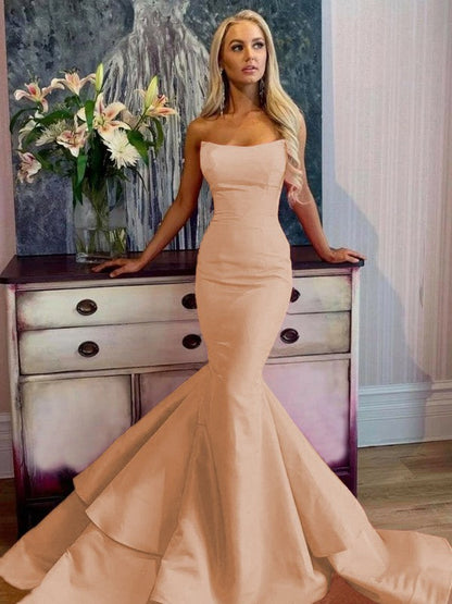 Defined Shine Mermaid Satin Ruffles Strapless Sleeveless Sweep/Brush Train Prom Dress