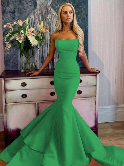 Defined Shine Mermaid Satin Ruffles Strapless Sleeveless Sweep/Brush Train Prom Dress