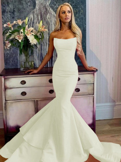 Defined Shine Mermaid Satin Ruffles Strapless Sleeveless Sweep/Brush Train Prom Dress