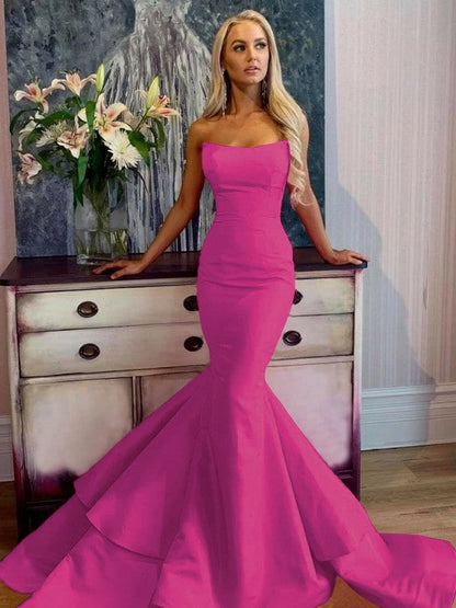 Defined Shine Mermaid Satin Ruffles Strapless Sleeveless Sweep/Brush Train Prom Dress