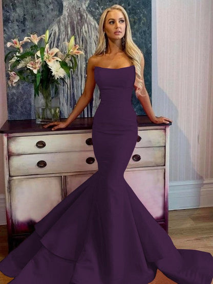 Defined Shine Mermaid Satin Ruffles Strapless Sleeveless Sweep/Brush Train Prom Dress