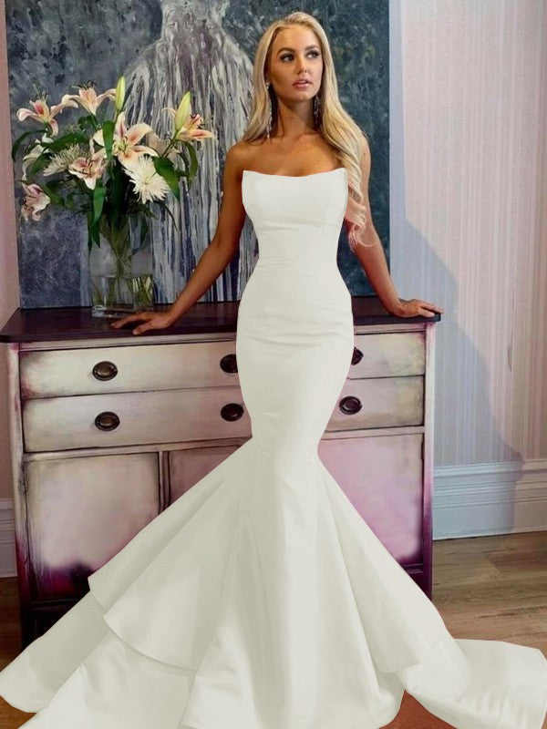 Defined Shine Mermaid Satin Ruffles Strapless Sleeveless Sweep/Brush Train Prom Dress