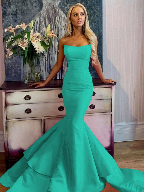 Defined Shine Mermaid Satin Ruffles Strapless Sleeveless Sweep/Brush Train Prom Dress