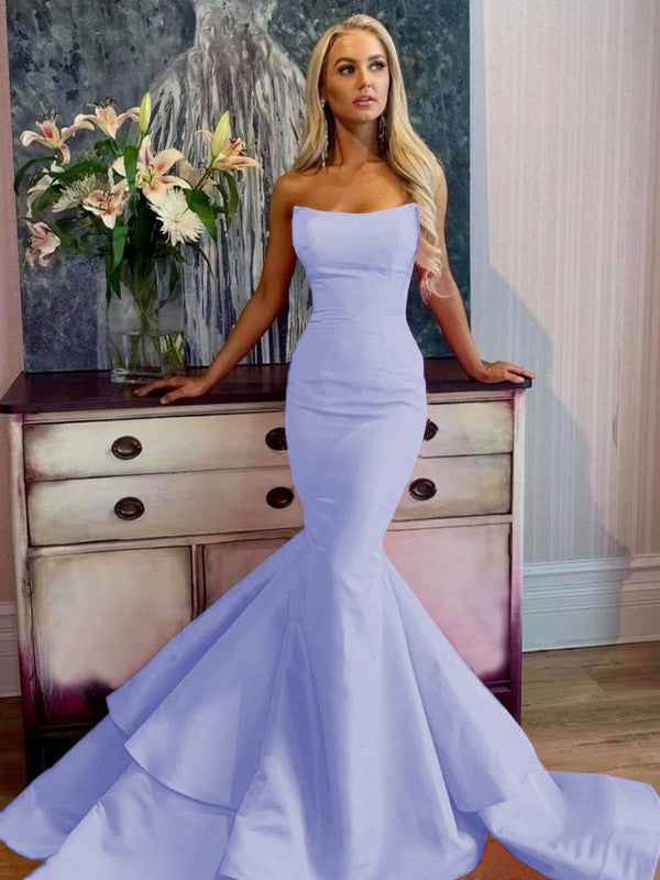 Defined Shine Mermaid Satin Ruffles Strapless Sleeveless Sweep/Brush Train Prom Dress