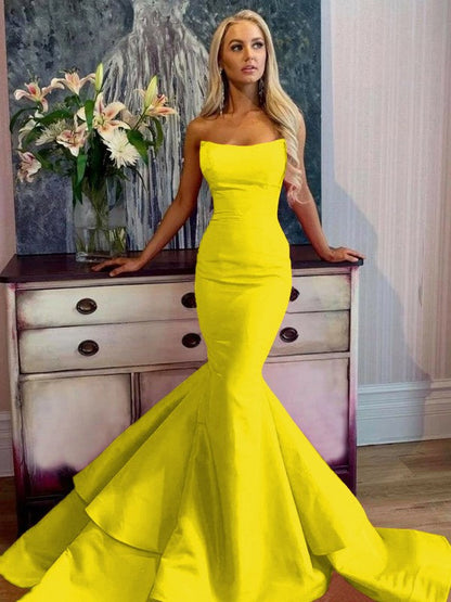 Defined Shine Mermaid Satin Ruffles Strapless Sleeveless Sweep/Brush Train Prom Dress