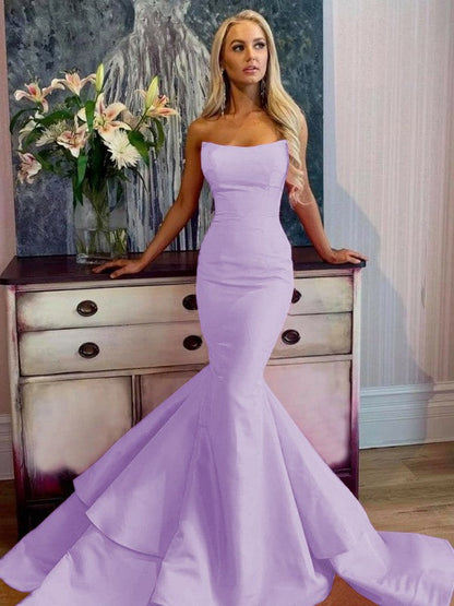 Defined Shine Mermaid Satin Ruffles Strapless Sleeveless Sweep/Brush Train Prom Dress