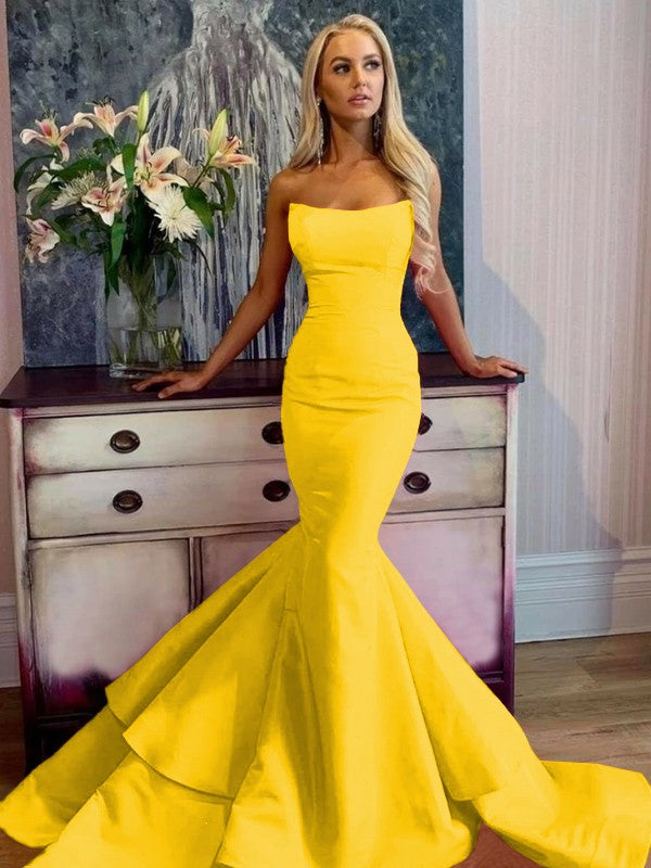 Defined Shine Mermaid Satin Ruffles Strapless Sleeveless Sweep/Brush Train Prom Dress
