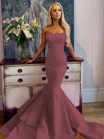 Defined Shine Mermaid Satin Ruffles Strapless Sleeveless Sweep/Brush Train Prom Dress