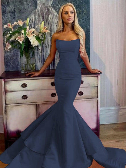 Defined Shine Mermaid Satin Ruffles Strapless Sleeveless Sweep/Brush Train Prom Dress