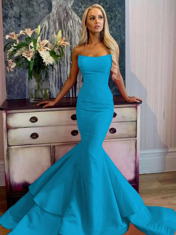 Defined Shine Mermaid Satin Ruffles Strapless Sleeveless Sweep/Brush Train Prom Dress