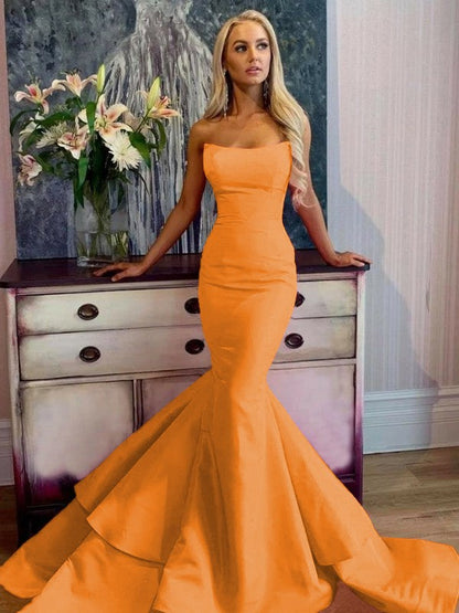 Defined Shine Mermaid Satin Ruffles Strapless Sleeveless Sweep/Brush Train Prom Dress