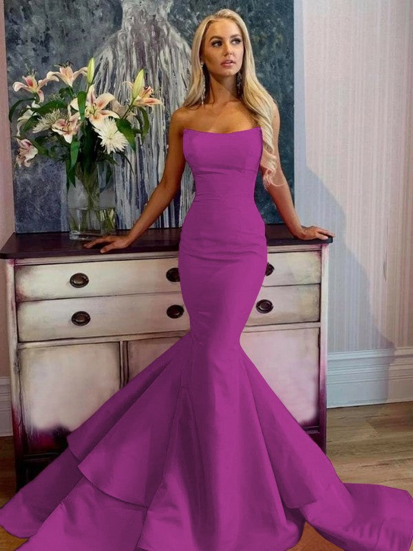 Defined Shine Mermaid Satin Ruffles Strapless Sleeveless Sweep/Brush Train Prom Dress