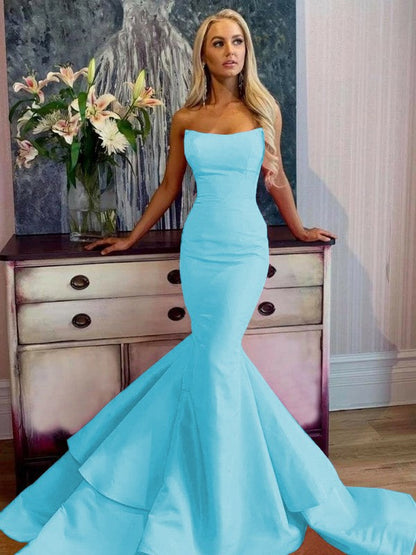 Defined Shine Mermaid Satin Ruffles Strapless Sleeveless Sweep/Brush Train Prom Dress