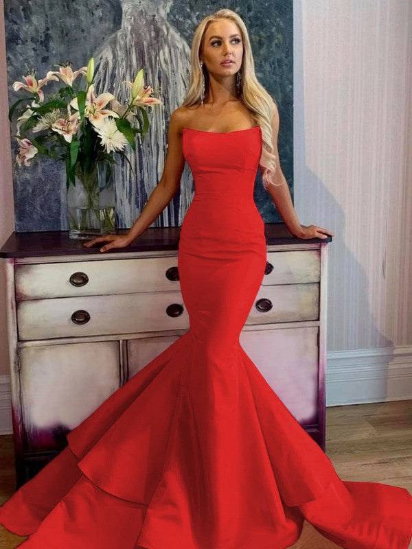Defined Shine Mermaid Satin Ruffles Strapless Sleeveless Sweep/Brush Train Prom Dress