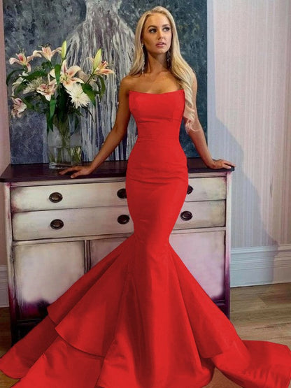 Defined Shine Mermaid Satin Ruffles Strapless Sleeveless Sweep/Brush Train Prom Dress