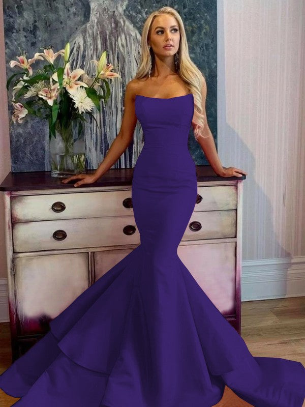Defined Shine Mermaid Satin Ruffles Strapless Sleeveless Sweep/Brush Train Prom Dress