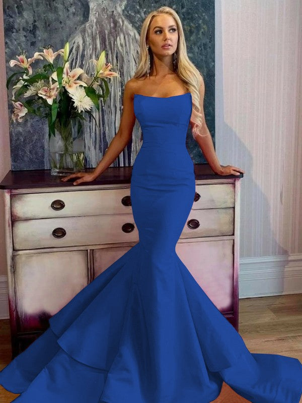 Defined Shine Mermaid Satin Ruffles Strapless Sleeveless Sweep/Brush Train Prom Dress